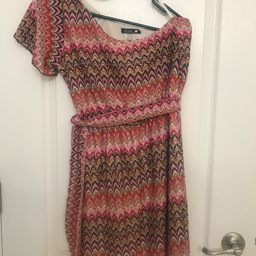 Star Vixen Asymmetrical Dress in Pink, Orange, and Brown